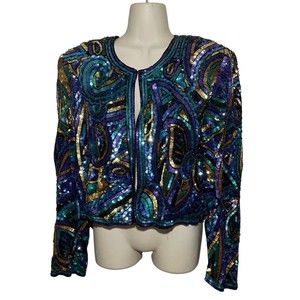 Womens Nite Line Della Roufogali Sequin Short Evening Jacket Sz Large NWT Silk